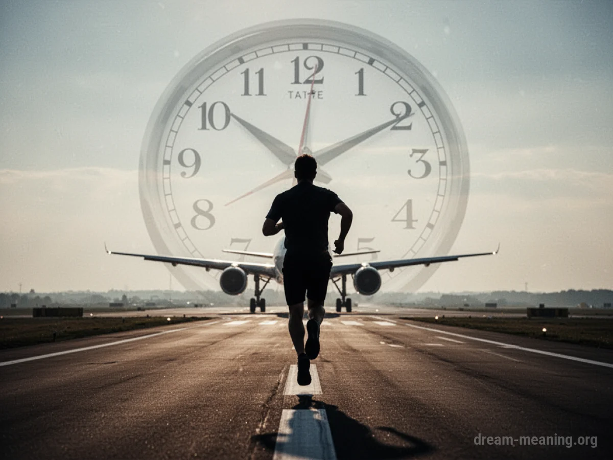 Silhouette of a person running on a runway towards a faraway airplane.