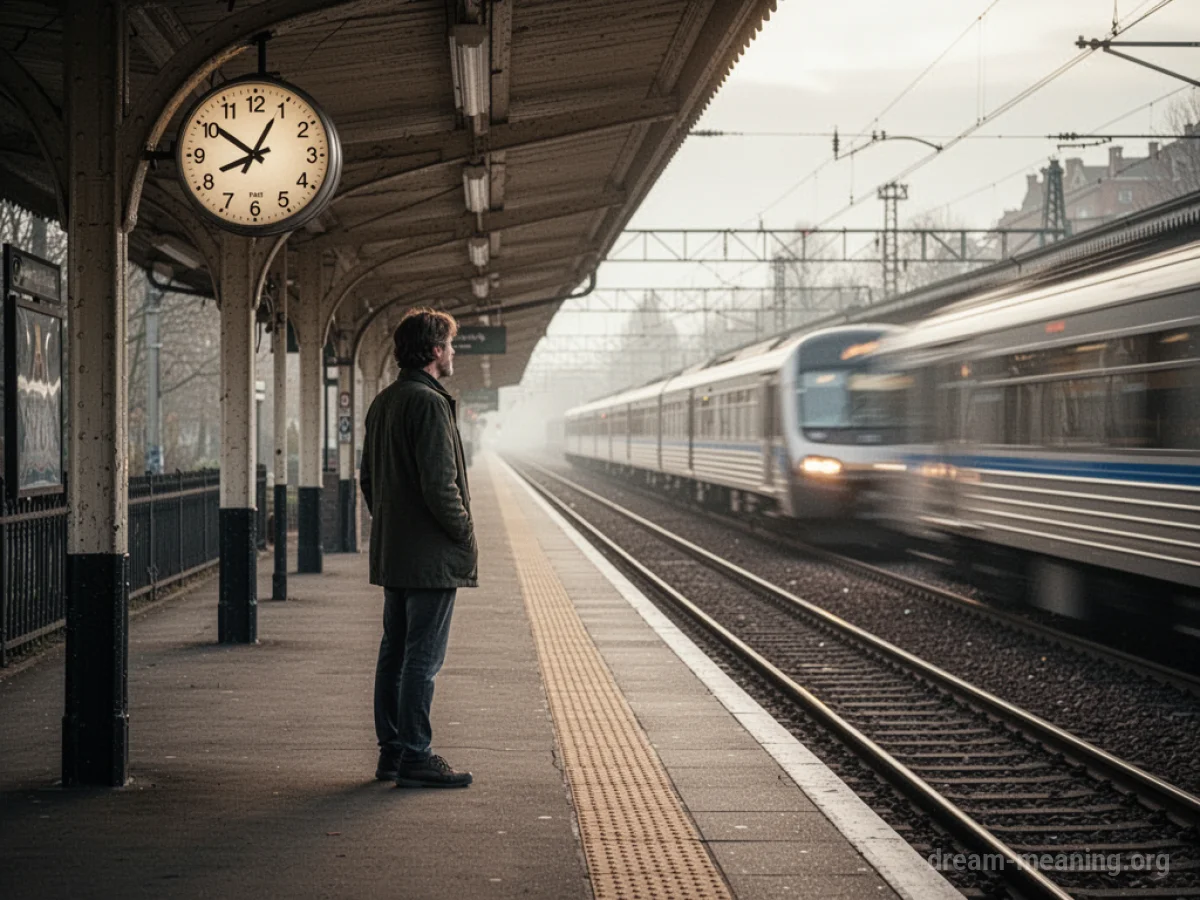 A person stands alone on a train platform as a train departs.