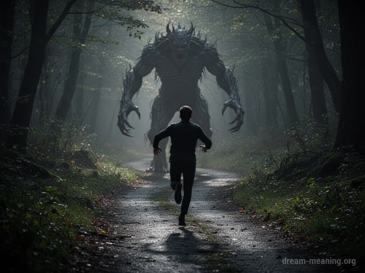 A dark, amorphous monster is in pursuit of a person's silhouette down a long, shadowed path.