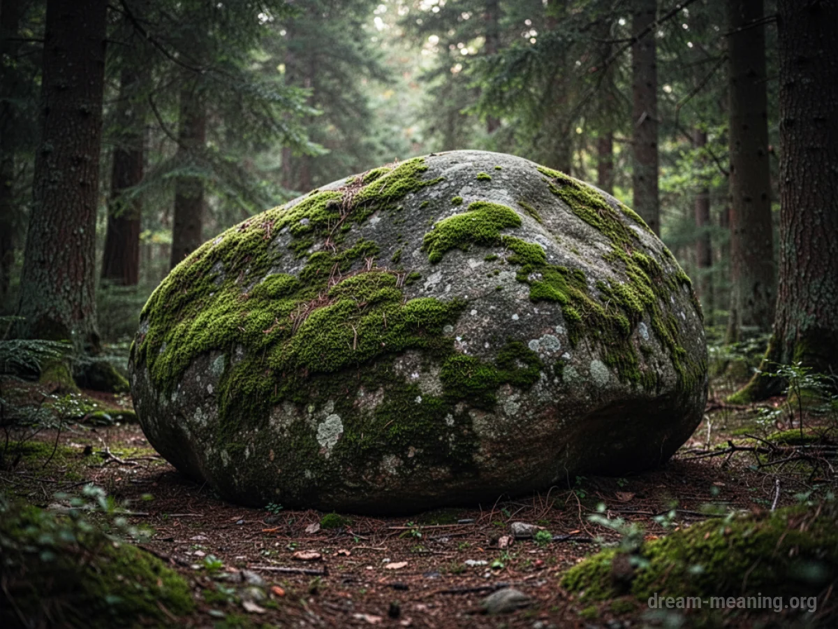A large boulder covered in green moss in a forest.
