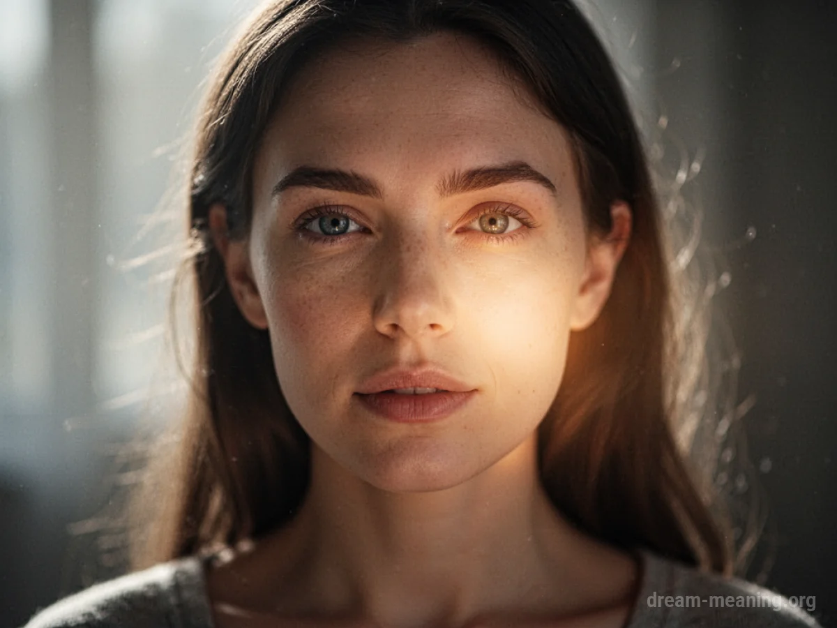 A woman's face illuminated by a gentle, radiant light.
