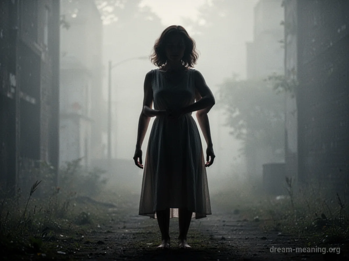 Silhouette of a mother figure in an unnatural pose against a blurred background.