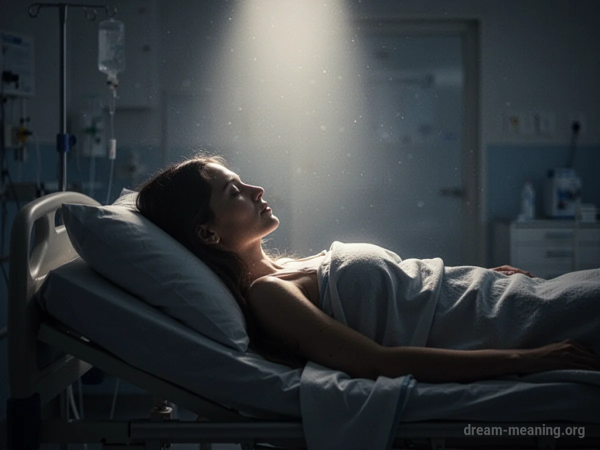 Silhouette of a woman on a hospital bed with light above her head.