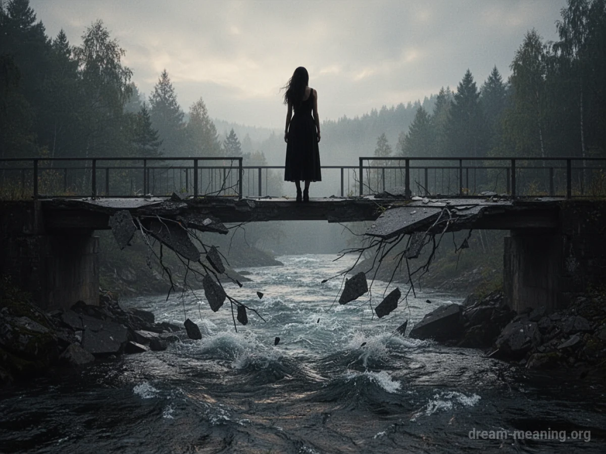 Silhouette of a woman on a crumbling bridge over dark water.