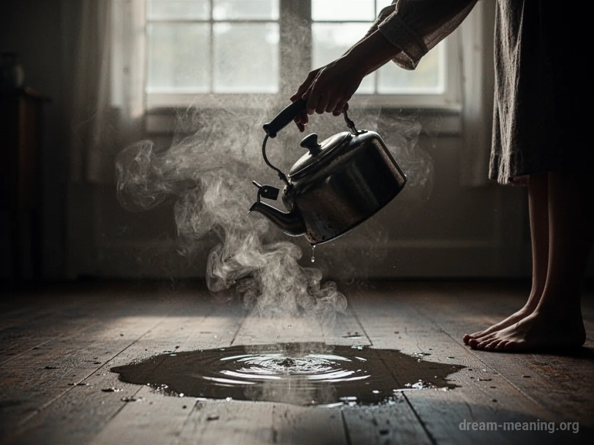 A silhouette of hands dropping a kettle with steam rising.