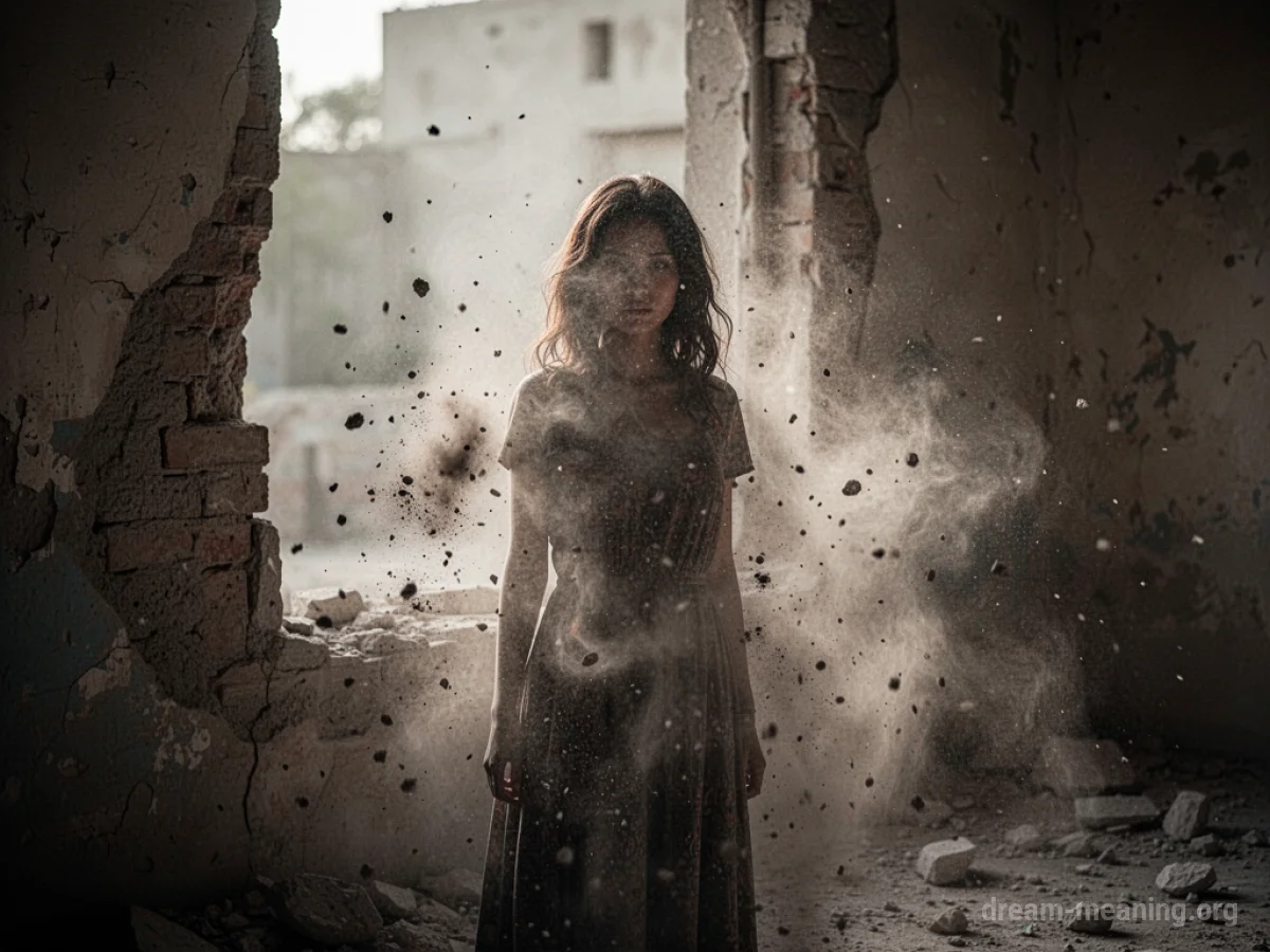 Silhouette of a woman standing amidst dust and crumbling building fragments.