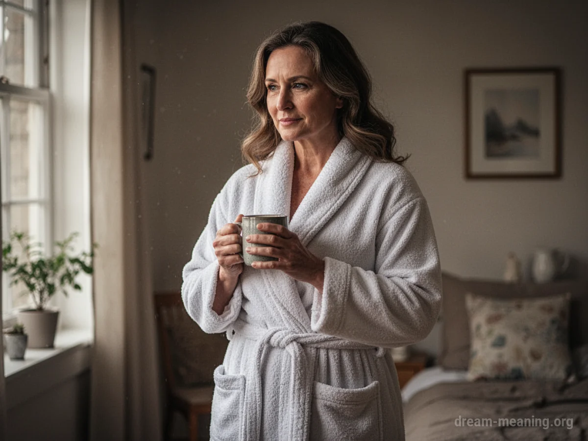 A woman in a bathrobe standing in a cozy room.