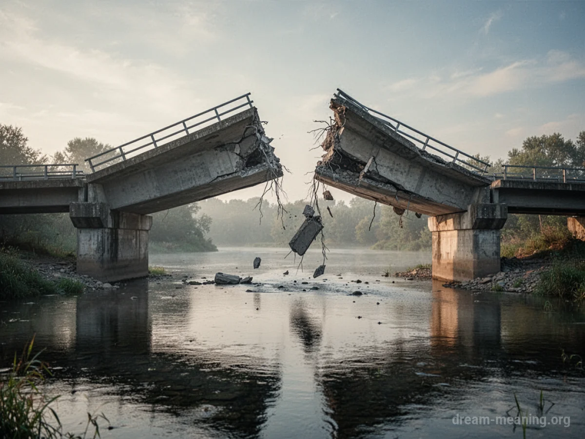 A bridge fractured in the center, with one part tilting downwards.