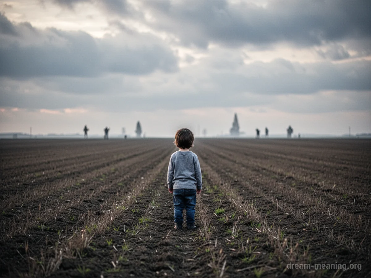 A lone child stands in a wide, open field with a muted, overcast sky above.