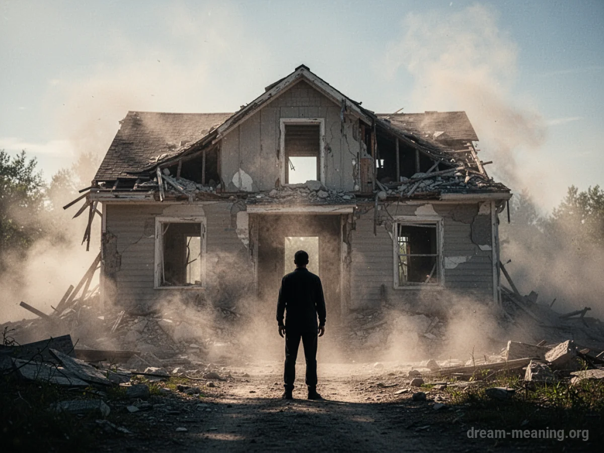 A person stands in front of a house that is falling apart.