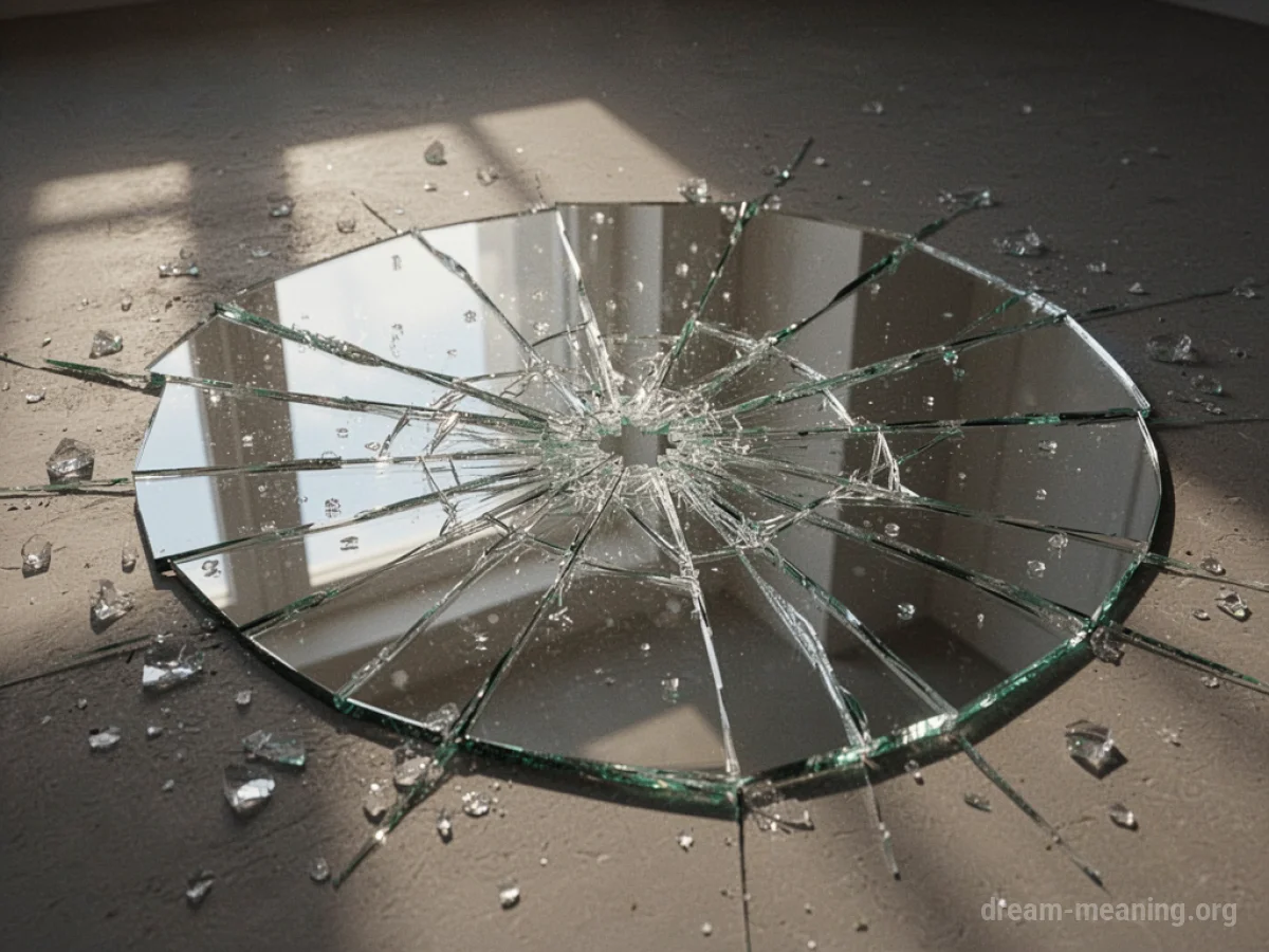 A large mirror shattered into numerous sharp fragments on a flat surface.