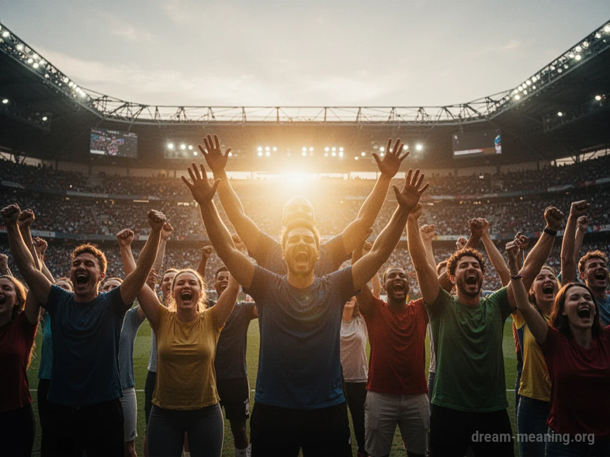 Silhouettes of cheering people in a stadium.