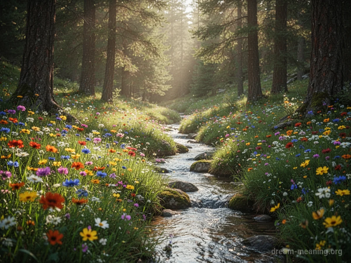 A sunlit forest clearing with wildflowers and a stream.