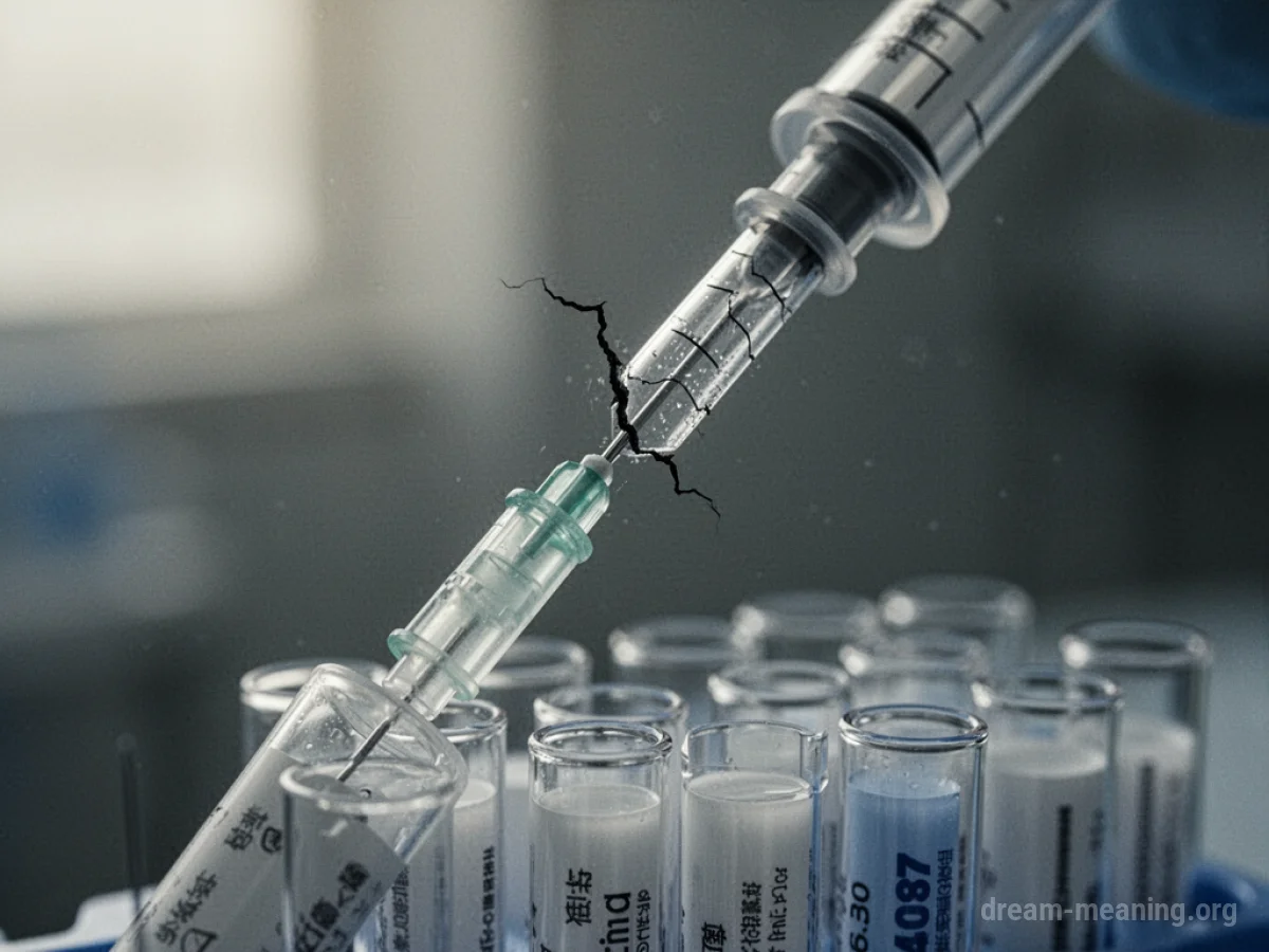 A cracked medical needle held above a specimen tube.