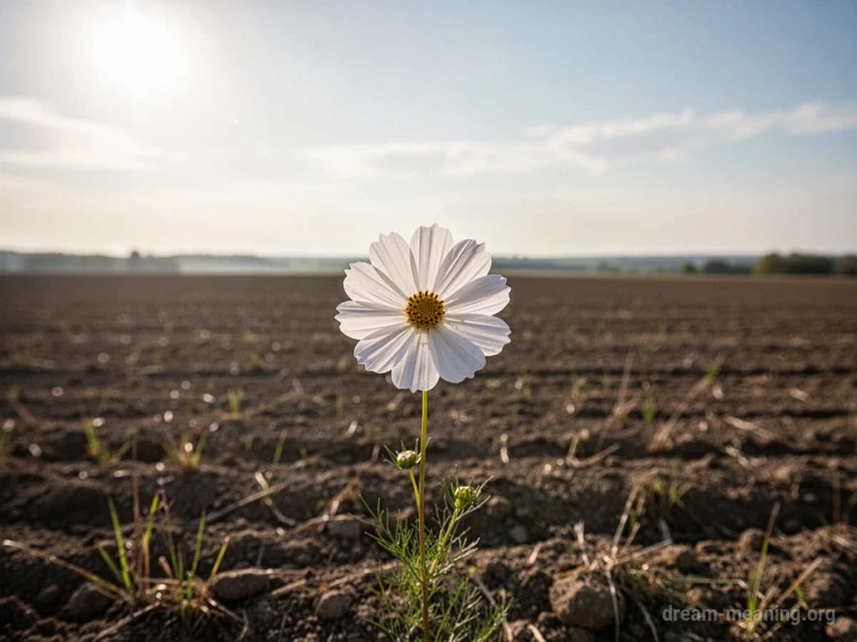 A single flower growing in a large, open field.