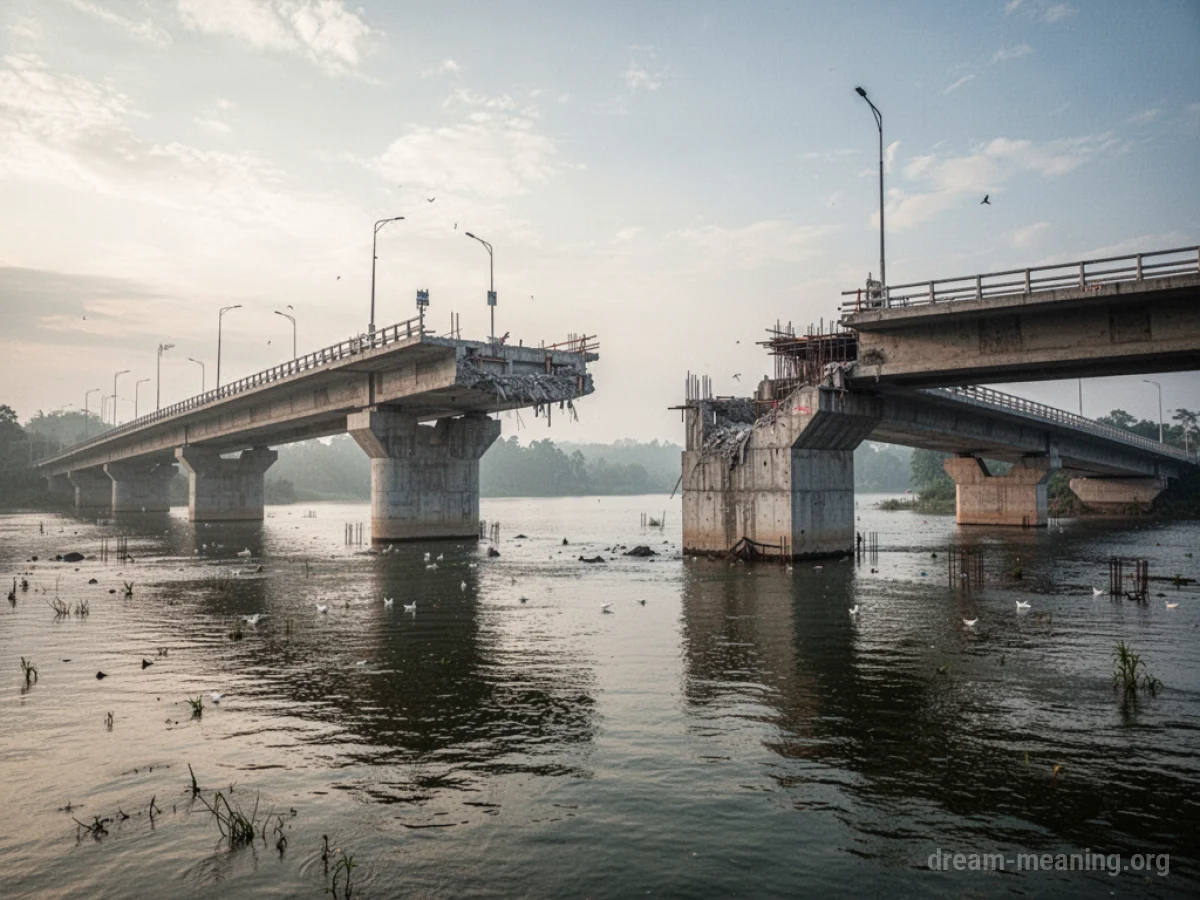 A new bridge with a large section missing, standing over water.