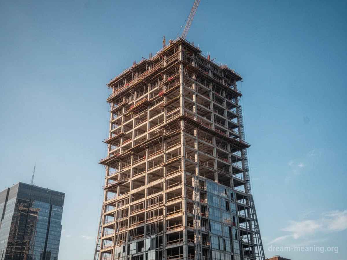 Steel framework of a tall building being erected against a blue sky.