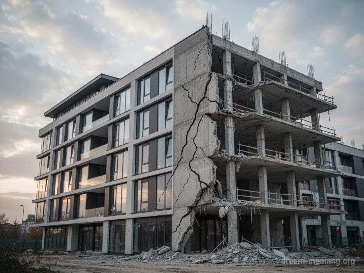 A modern building under construction with visible damage.