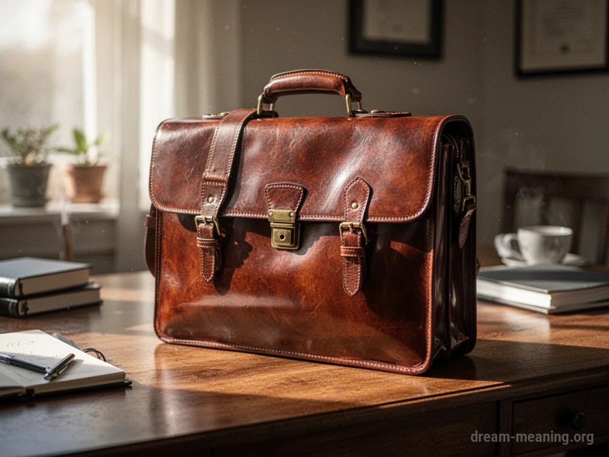 A new leather briefcase on a desk.