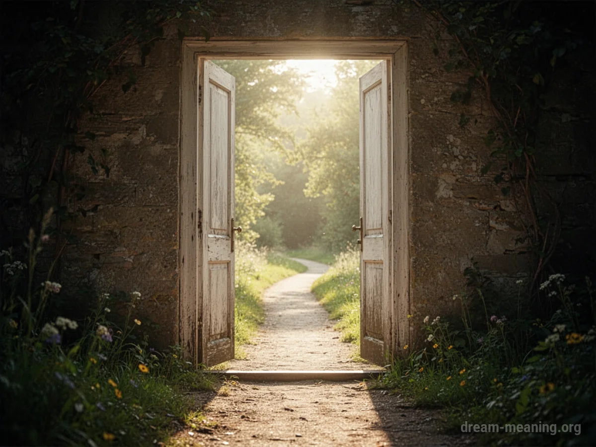An open doorway with light streaming through it onto a path.