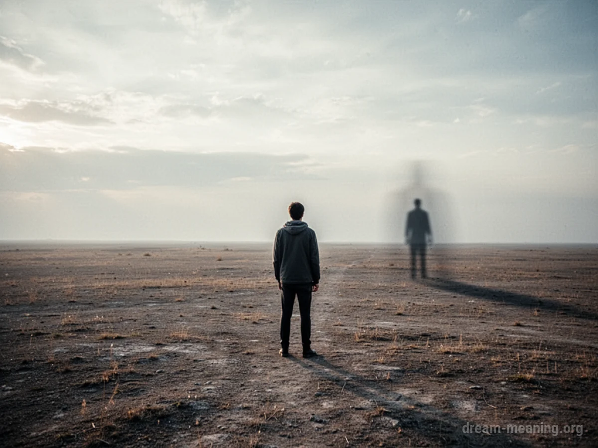 A lone figure standing in a wide, empty plain with a distant silhouette.