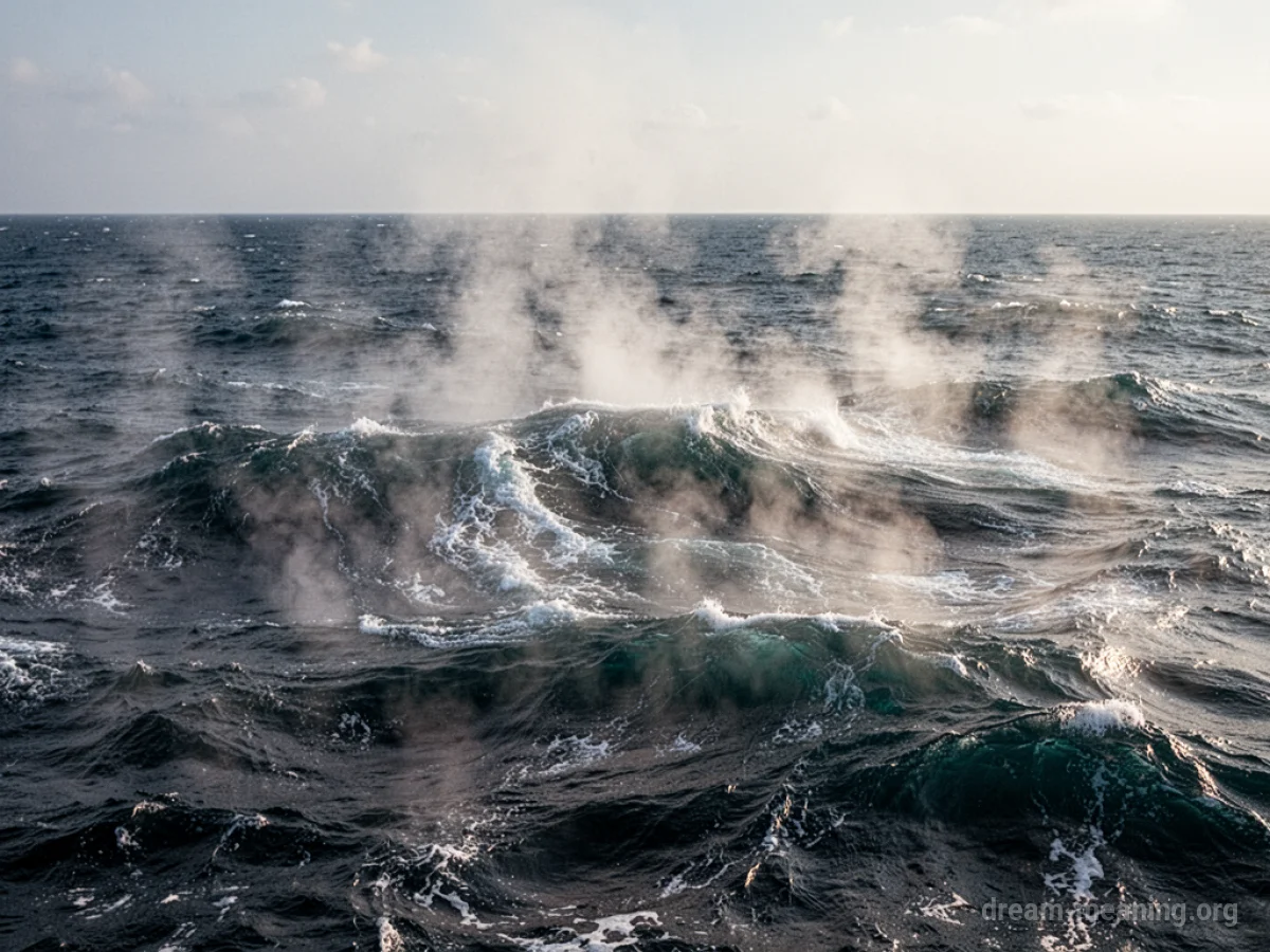 Steam rising from the surface of a rough ocean.