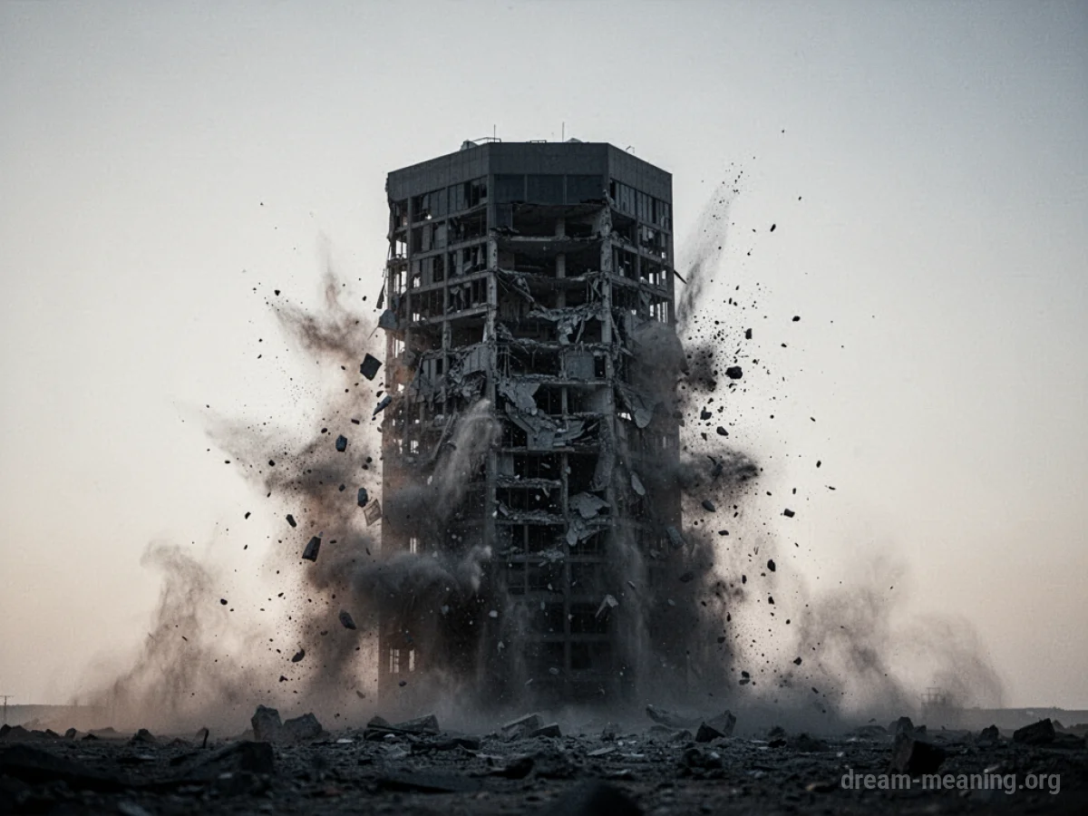 A silhouette of an office building collapsing into dust.