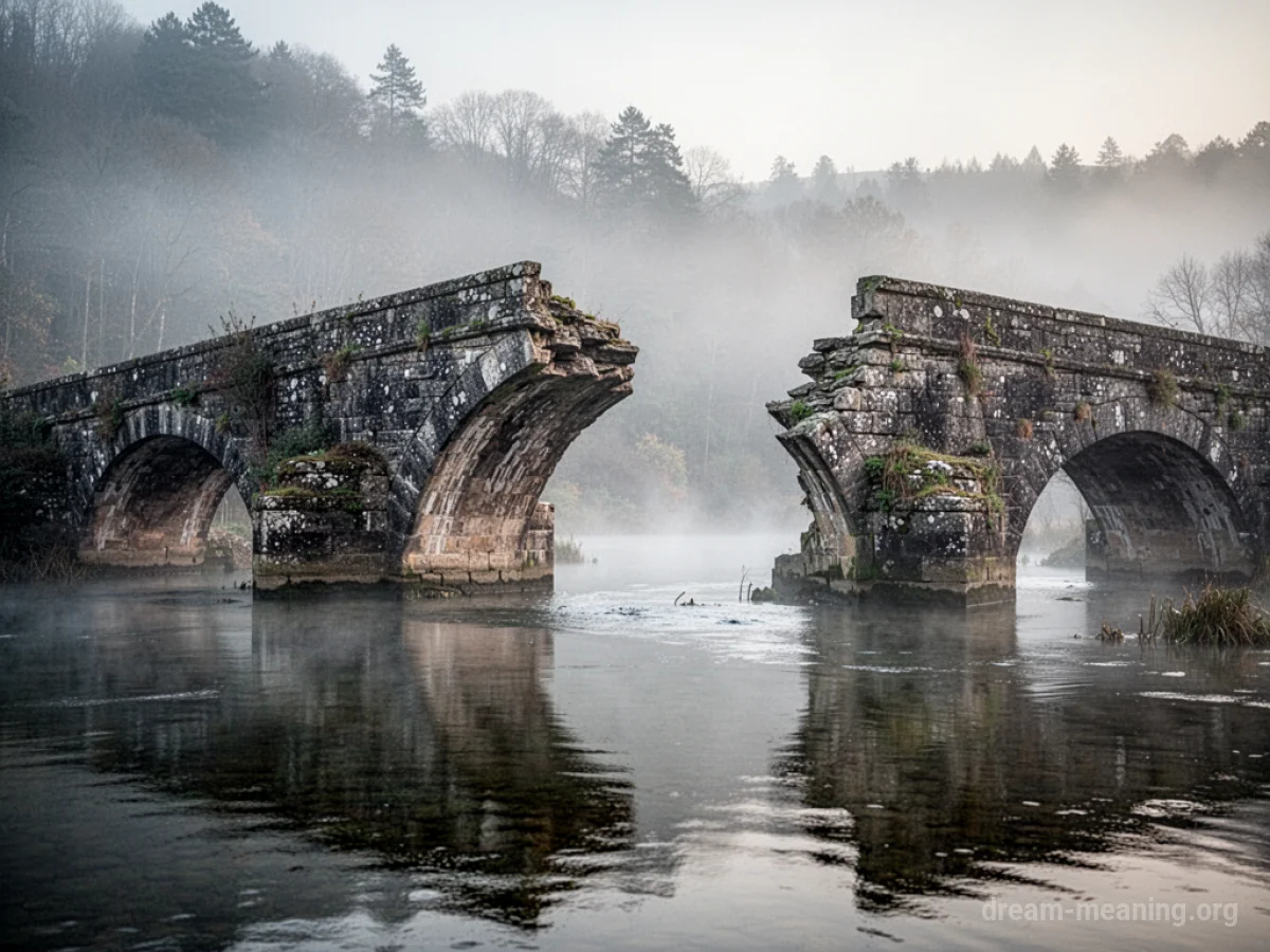 A crumbling stone bridge with a gap in the middle, over dark water.