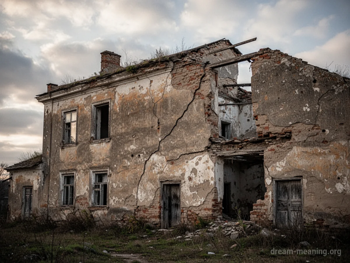 A decaying building with visible structural damage.
