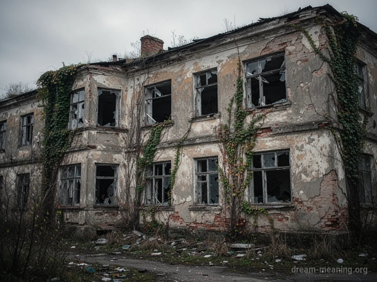 A crumbling, abandoned building with visible structural damage and overgrown vegetation.