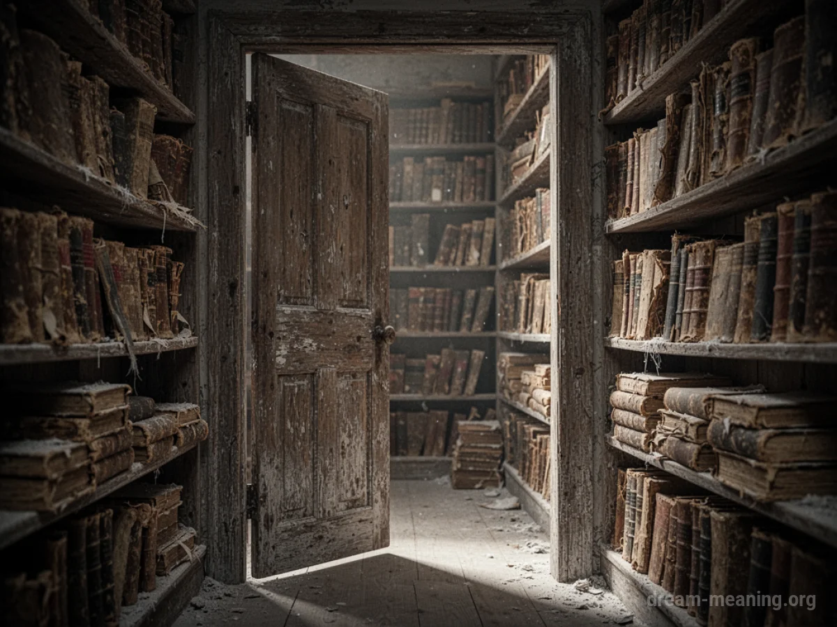 Dimly lit interior of an old bookstore with tall shelves filled with dusty books.