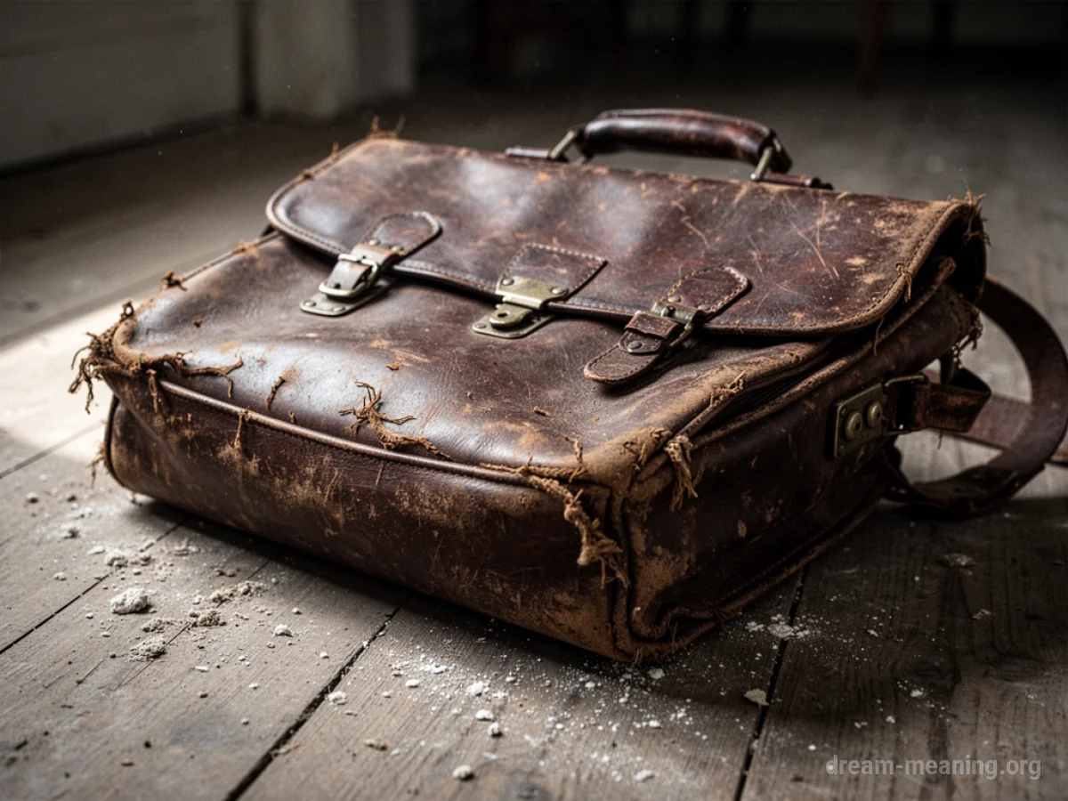 An aged leather briefcase with visible wear and tear.