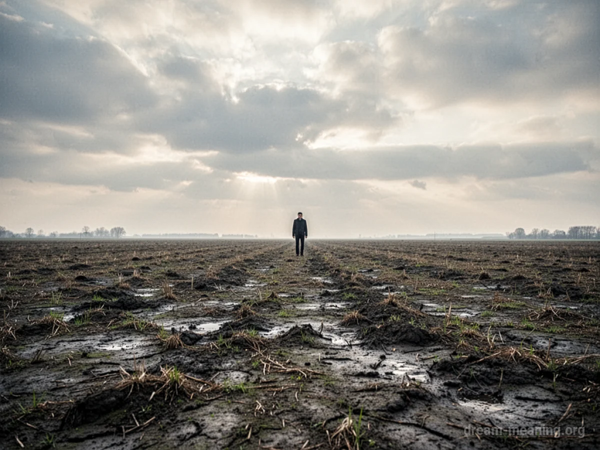 A solitary figure stands on a desolate, scarred field.