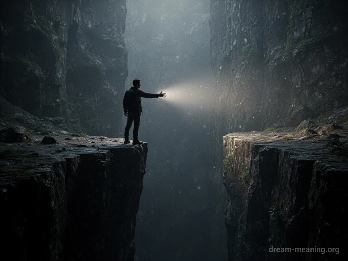 Silhouette of a person reaching across a dark chasm towards light.