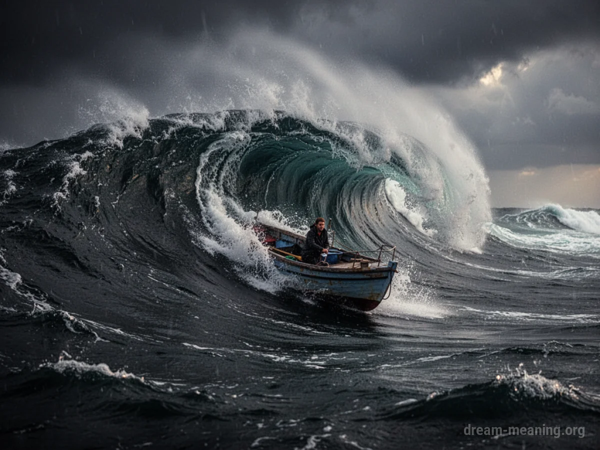 A small boat being engulfed by a huge ocean wave.