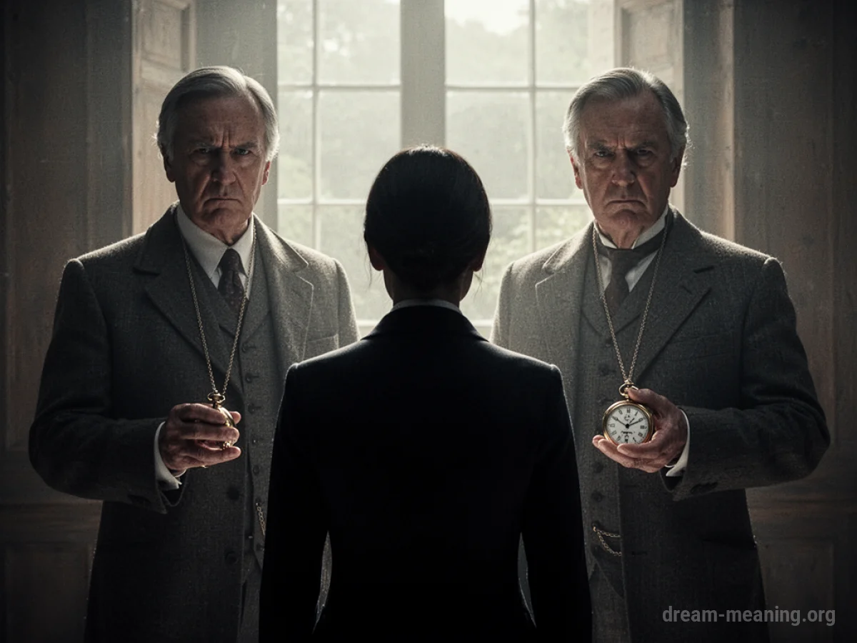 Silhouette of a person facing two imposing figures, one holding a pocket watch.