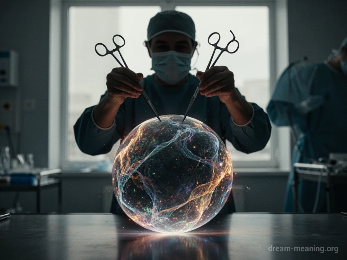 Silhouette of a figure with surgical tools over a luminous sphere.