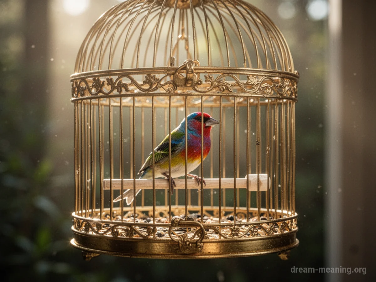 A small bird inside a golden cage with sunlight filtering through.