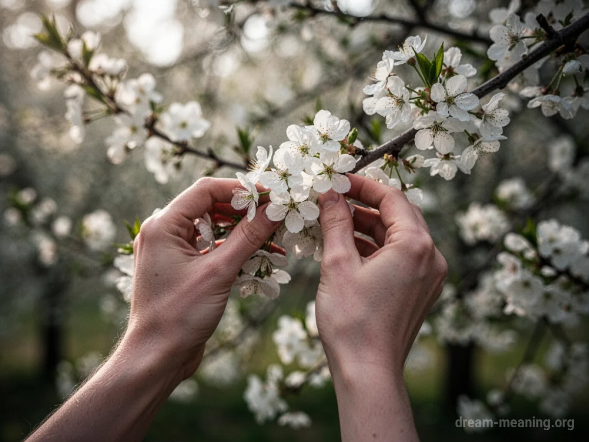 Hands reaching out to pick white blossoms from a tree.