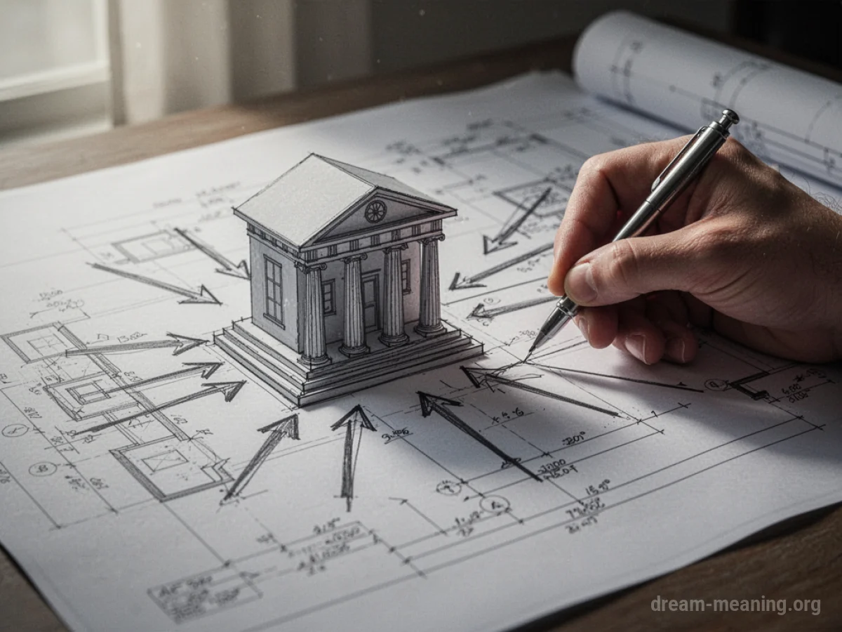 A blueprint with lines and arrows indicating a plan towards a bank building.