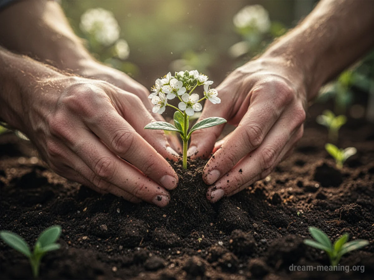 Hands planting a small seedling with blossoms into soil.