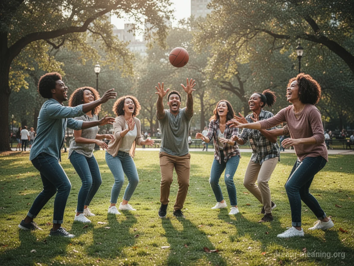 Silhouettes of people playing a ball game in a park at sunset.