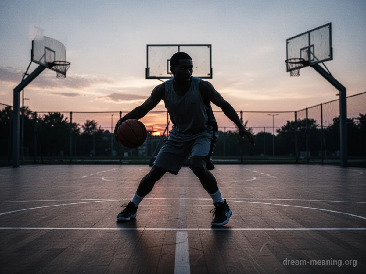 Silhouette of a person dribbling a basketball on a court.