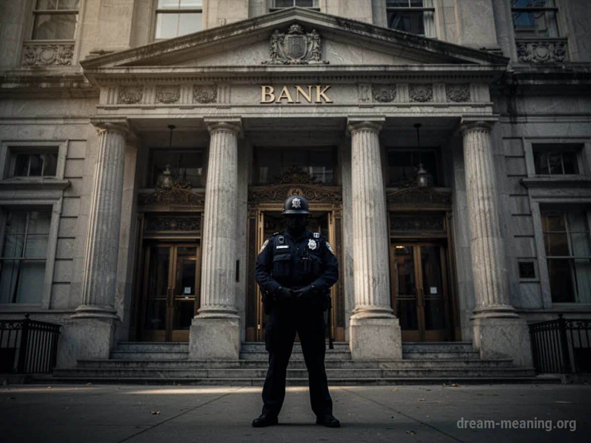 Silhouette of a police officer in front of a large bank.