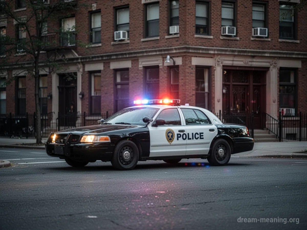A police car with its lights flashing on a street.