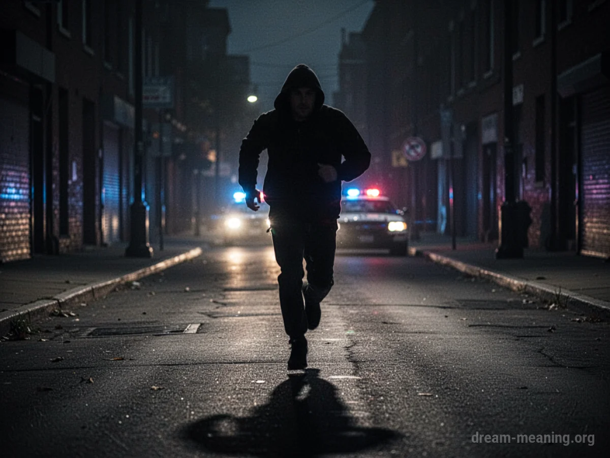 Silhouette of a person running away from distant police car lights on a dark street.