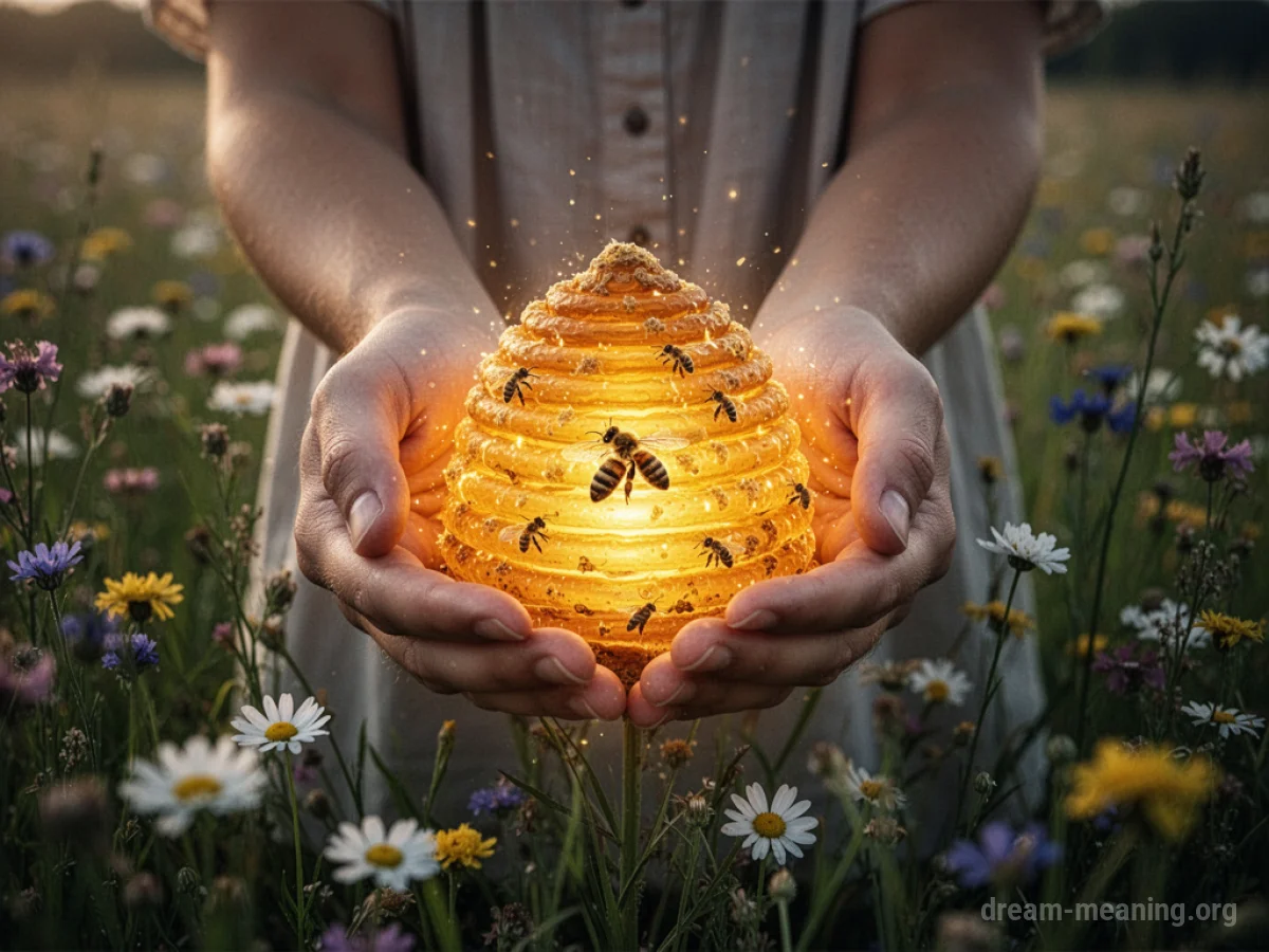 Hands shielding a luminous beehive.