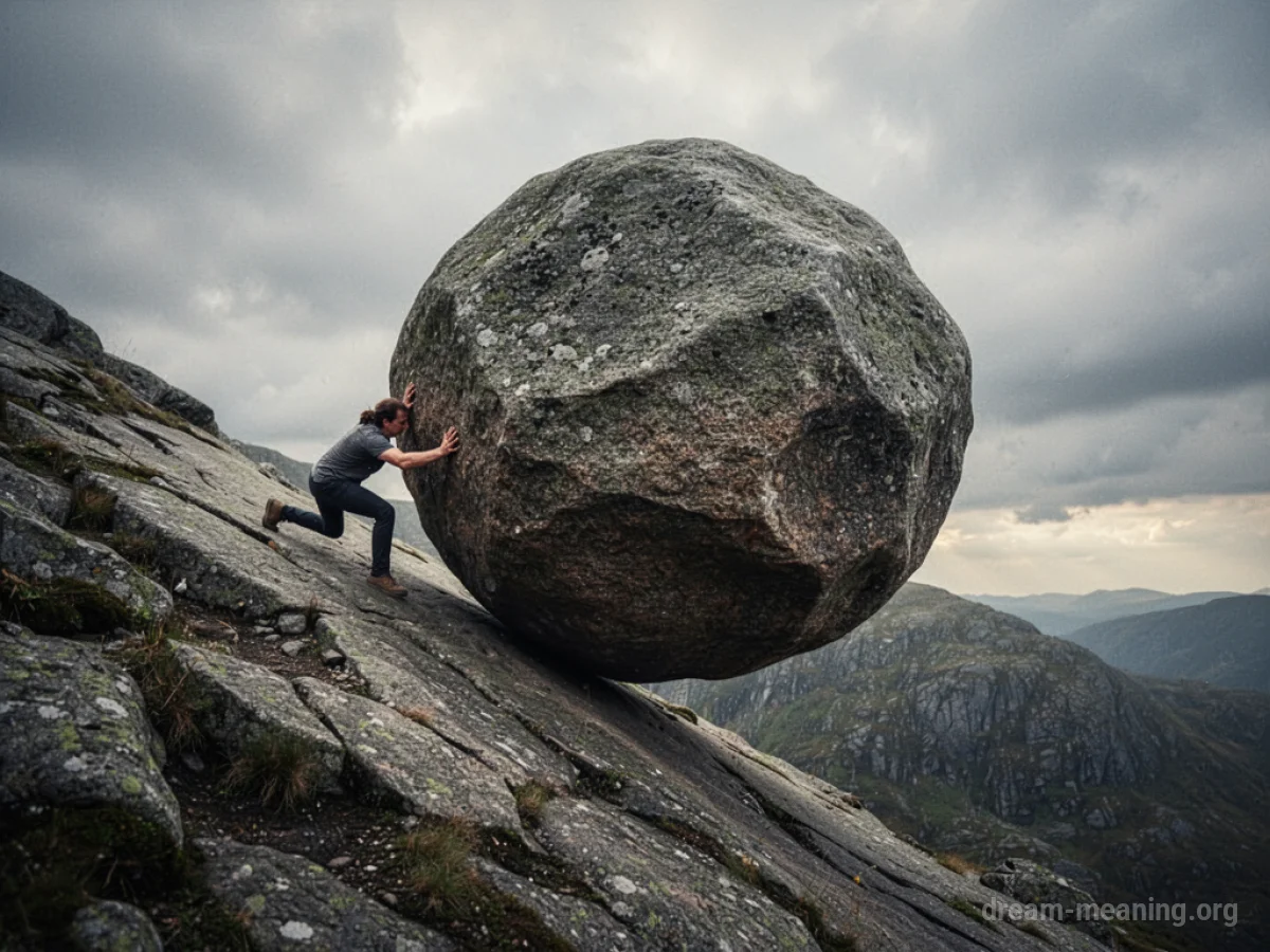 Silhouette of a person pushing a large boulder up a hill.