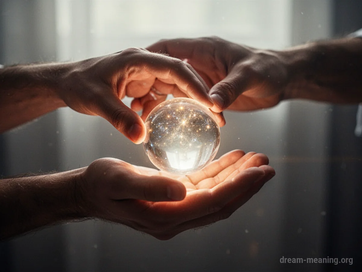 One hand offering a soft light to another outstretched hand.