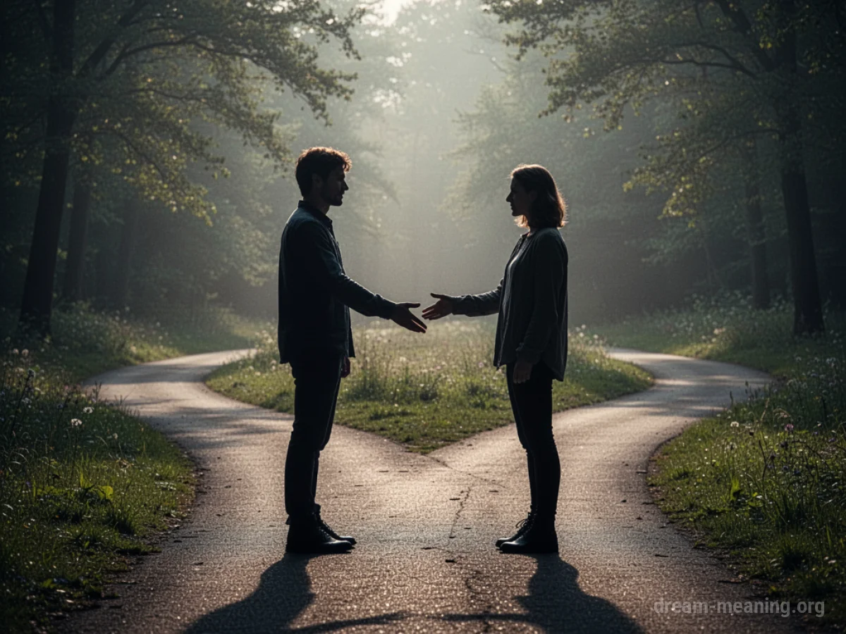 Silhouettes of two people on a diverging path, one reaching out.